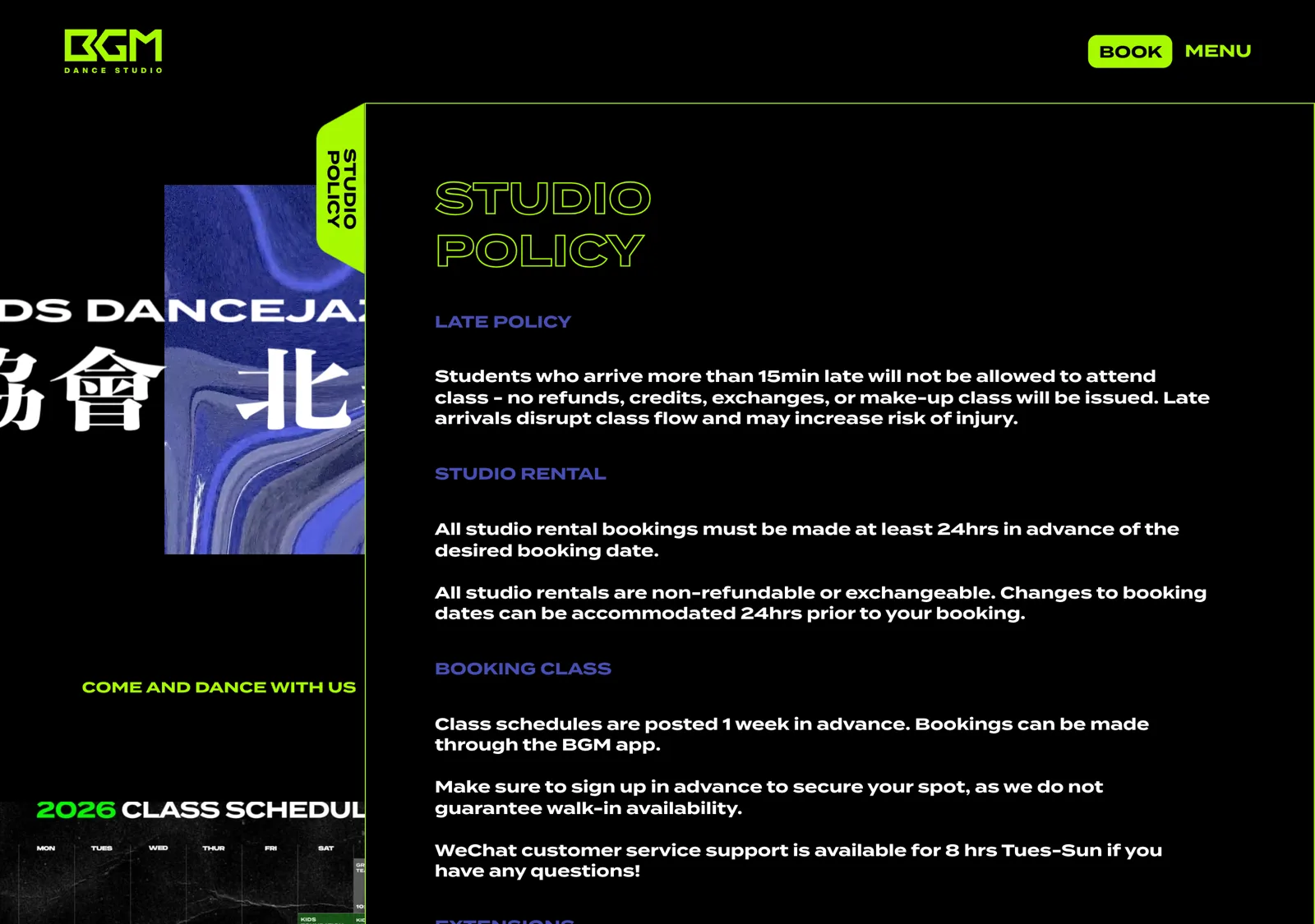 The BGM studio policy panel open beside the home page