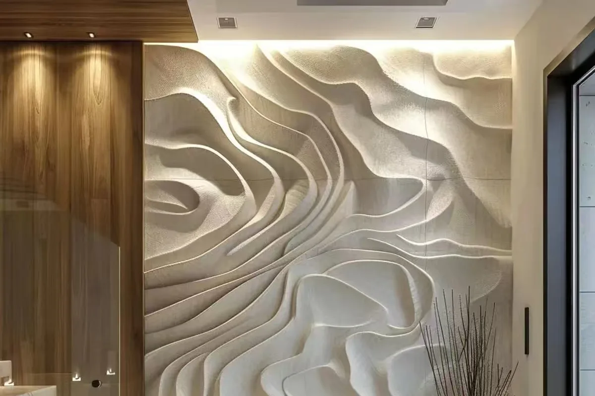 Carved relief wall in foamed ceramic